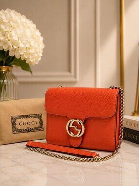 Authentic Gucci Interlocking GG Orange Leather Chain Wallet on Chain WOC Bag